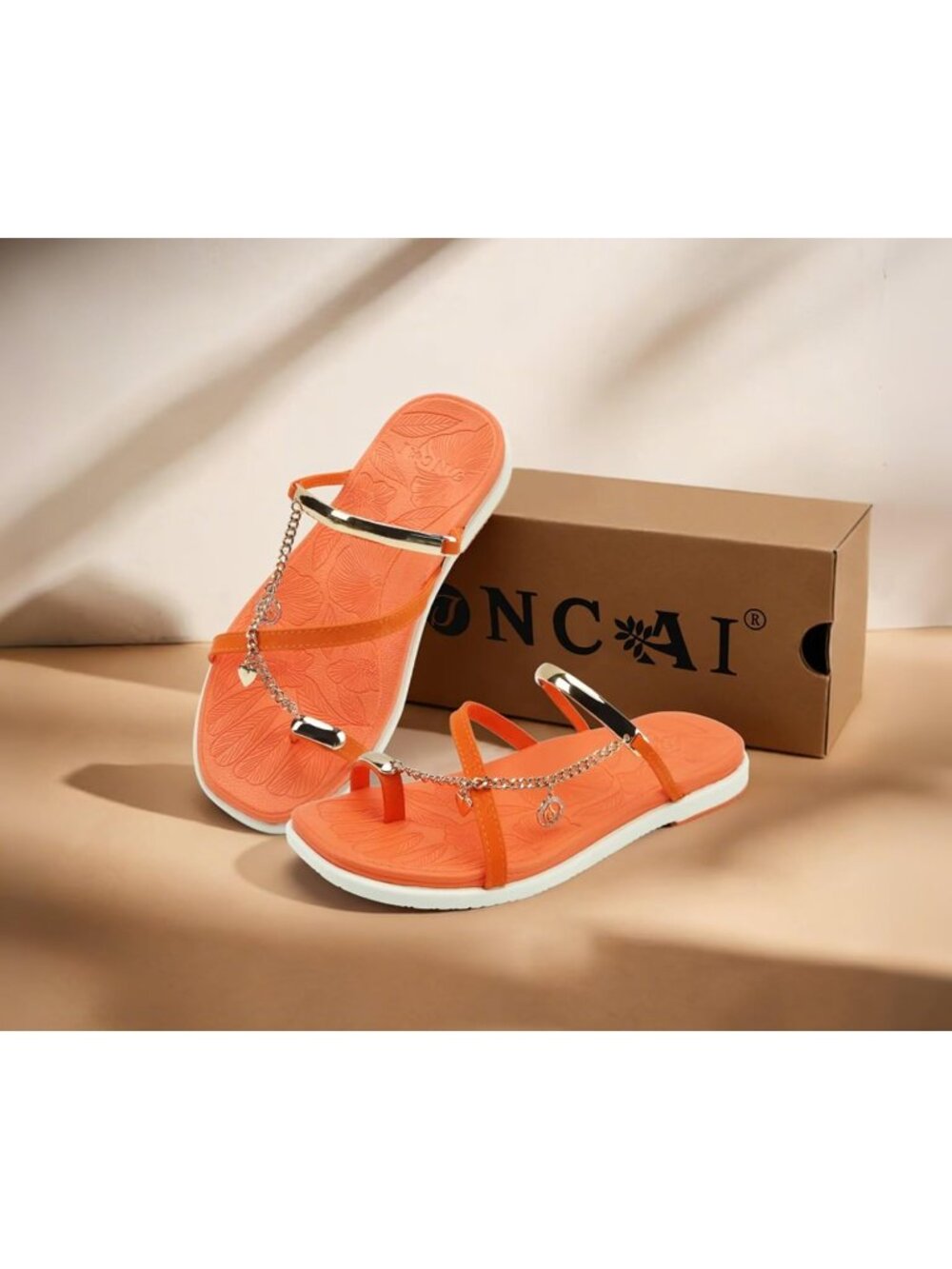 Women Orange White Flat Slides Sandals Toe loop Strappy Square Open Toe Fashion - Picture 6 of 6